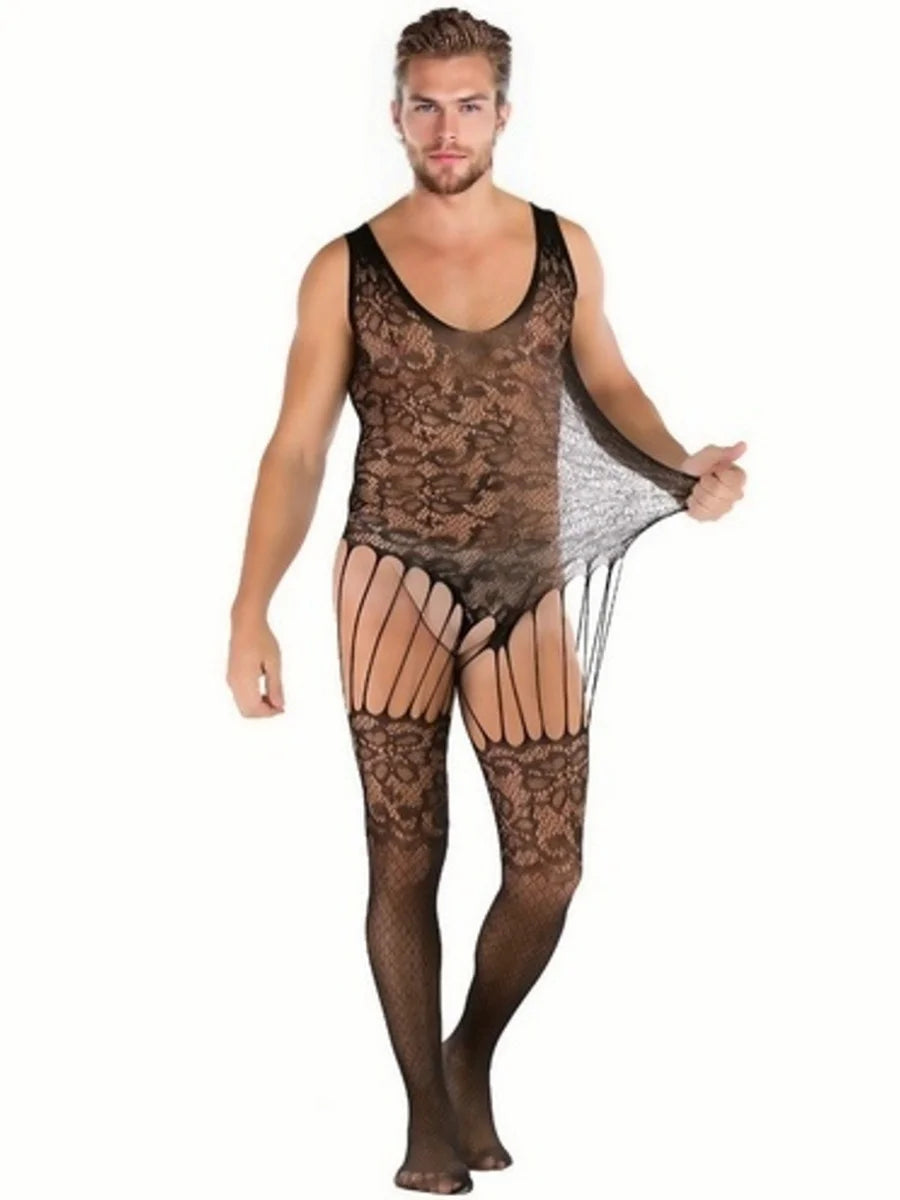 Muscle Men's Mesh Bodysuit Net Stockings Male Version See-through Sleepwear Erotic Net Clothing Men's Fashion Underwear