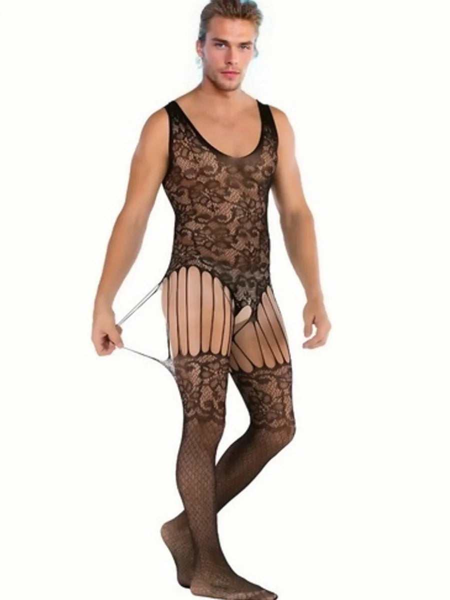 Muscle Men's Mesh Bodysuit Net Stockings Male Version See-through Sleepwear Erotic Net Clothing Men's Fashion Underwear