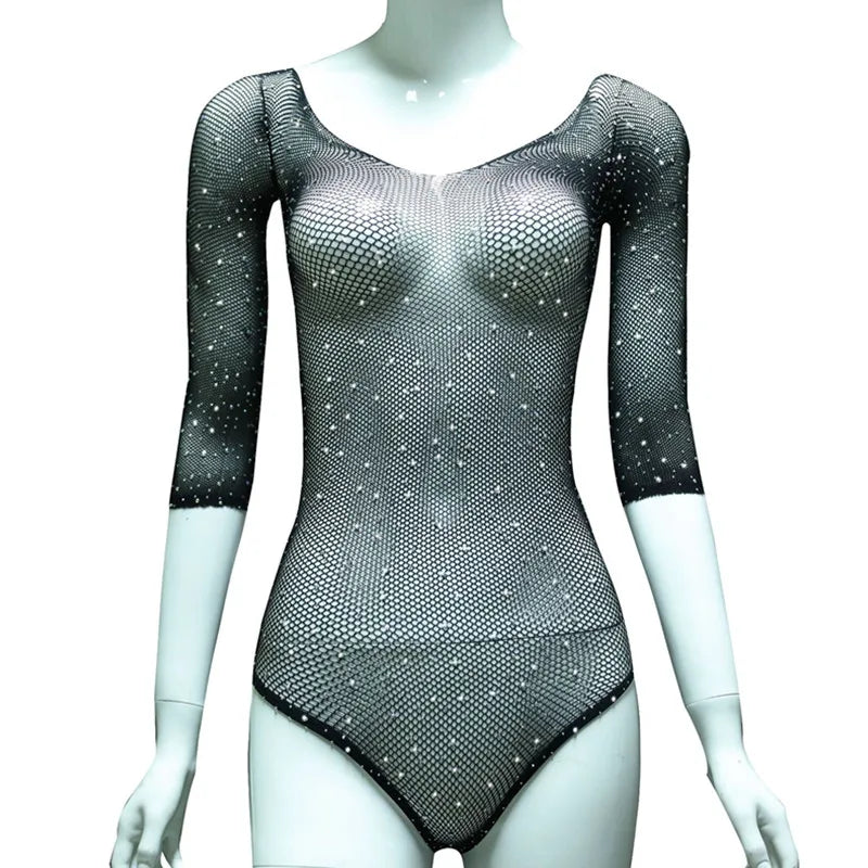 One-Piece Lingerie Bodysuit Bra Set Perspective Rhinestone Underwear Transparent Open Erotic Lingerie Set