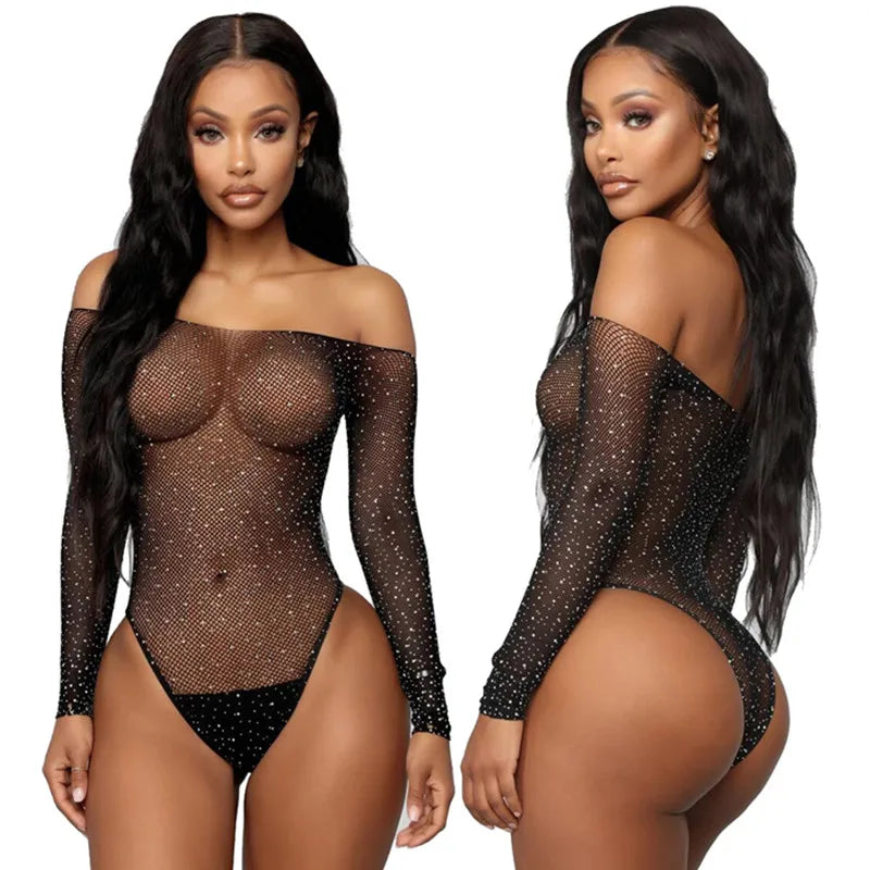 One-Piece Lingerie Bodysuit Bra Set Perspective Rhinestone Underwear Transparent Open Erotic Lingerie Set
