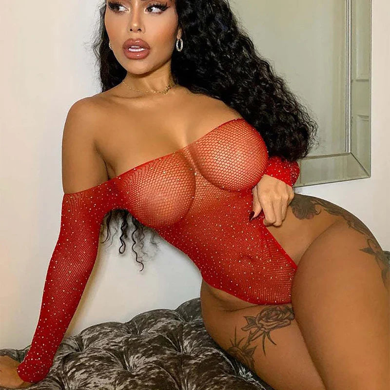 One-Piece Lingerie Bodysuit Bra Set Perspective Rhinestone Underwear Transparent Open Strapless Erotic Mesh Bra Sets
