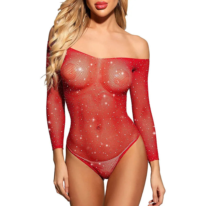 One-Piece Lingerie Bodysuit Bra Set Perspective Rhinestone Underwear Transparent Open Strapless Erotic Mesh Bra Sets