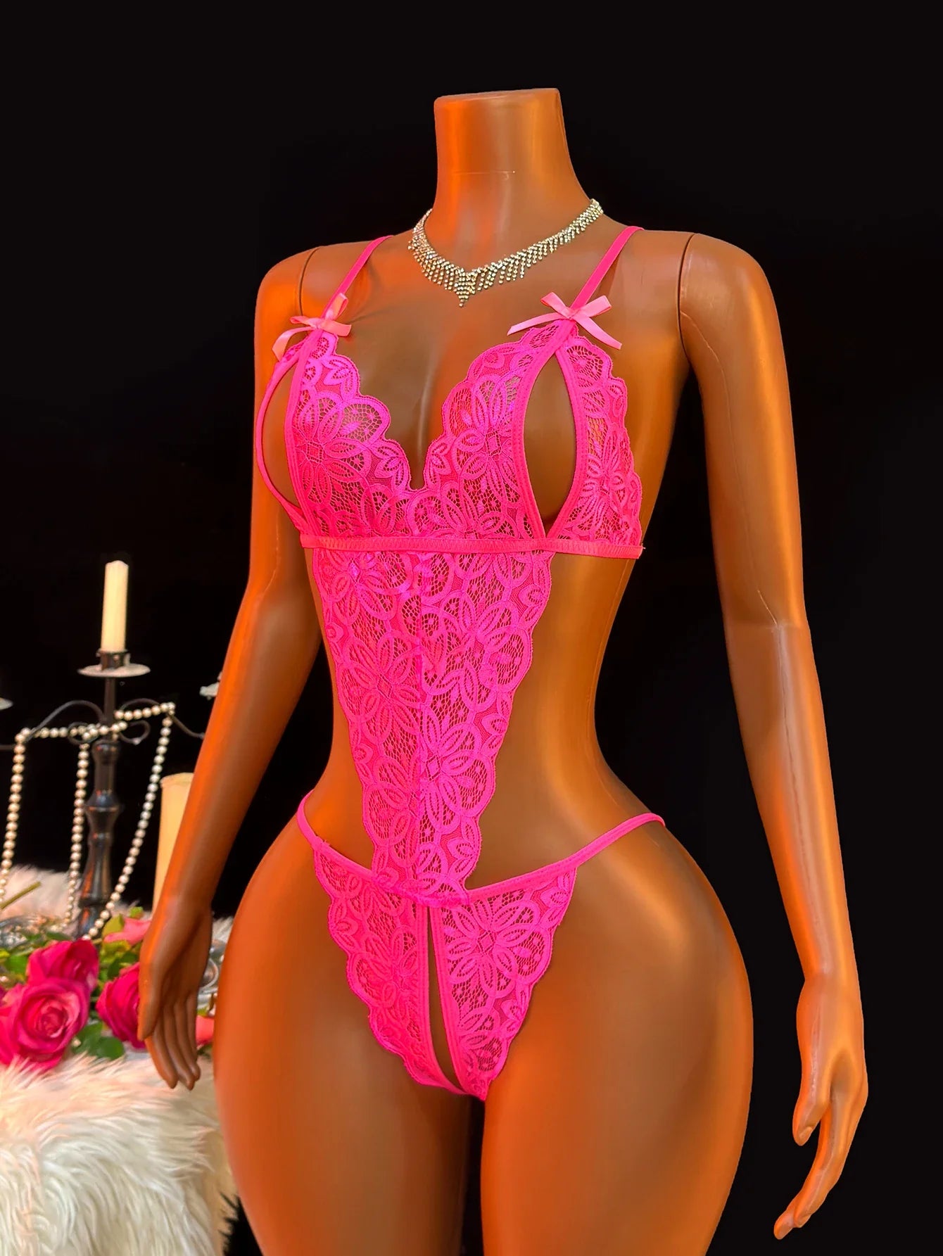 Open-Cup Teddy With Floral Lace Black Sheer Open-Crotch Bodysuit