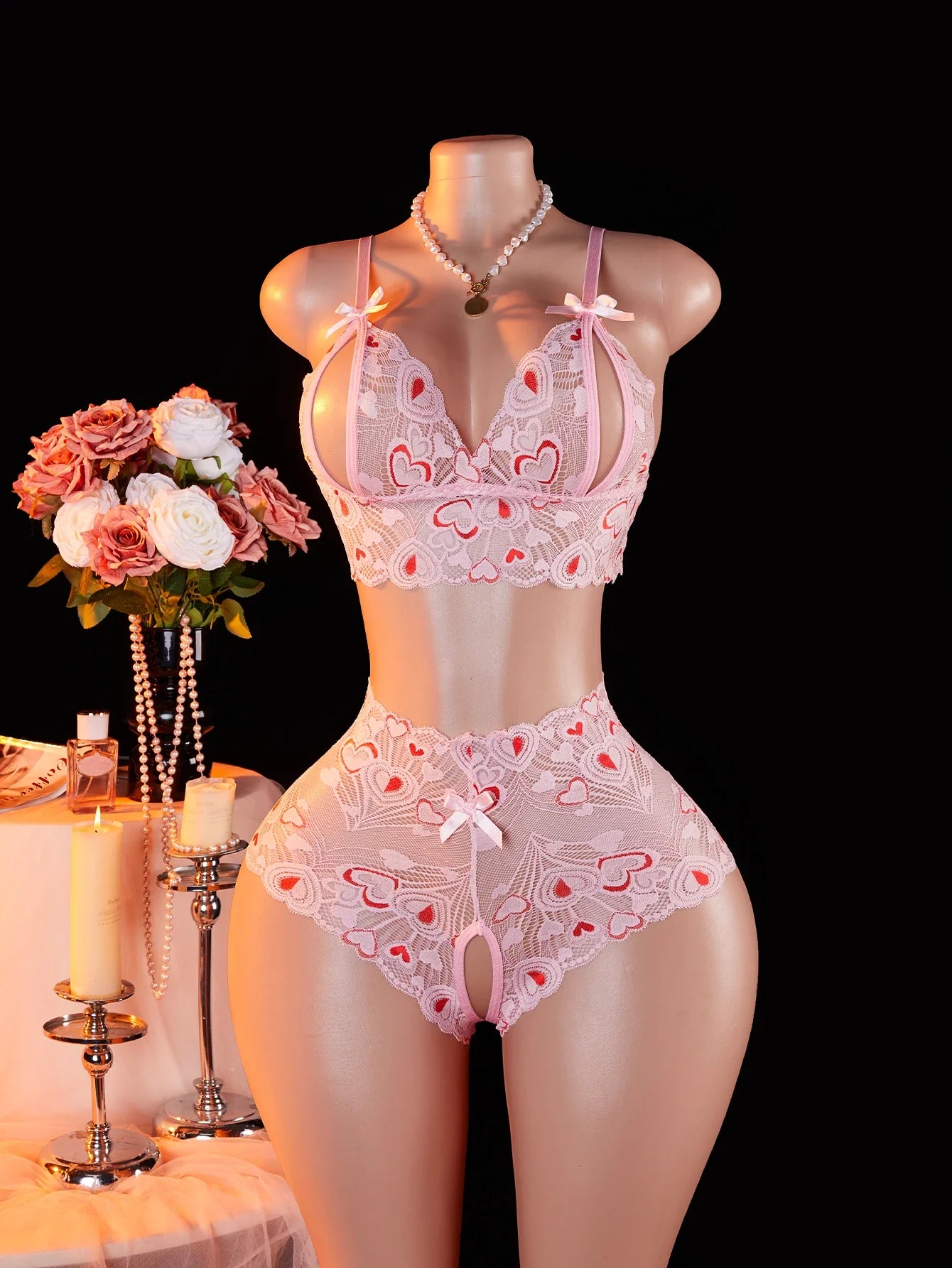 Pink Lingerie Set With Lips & Hearts Print Sheer Mesh Open-Crotch Teddy Bodysuit And G-String Underwear Erotic 2-piece 2025