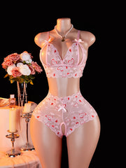 Pink Lingerie Set With Lips & Hearts Print Sheer Mesh Open-Crotch Teddy Bodysuit And G-String Underwear Erotic 2-piece 2025