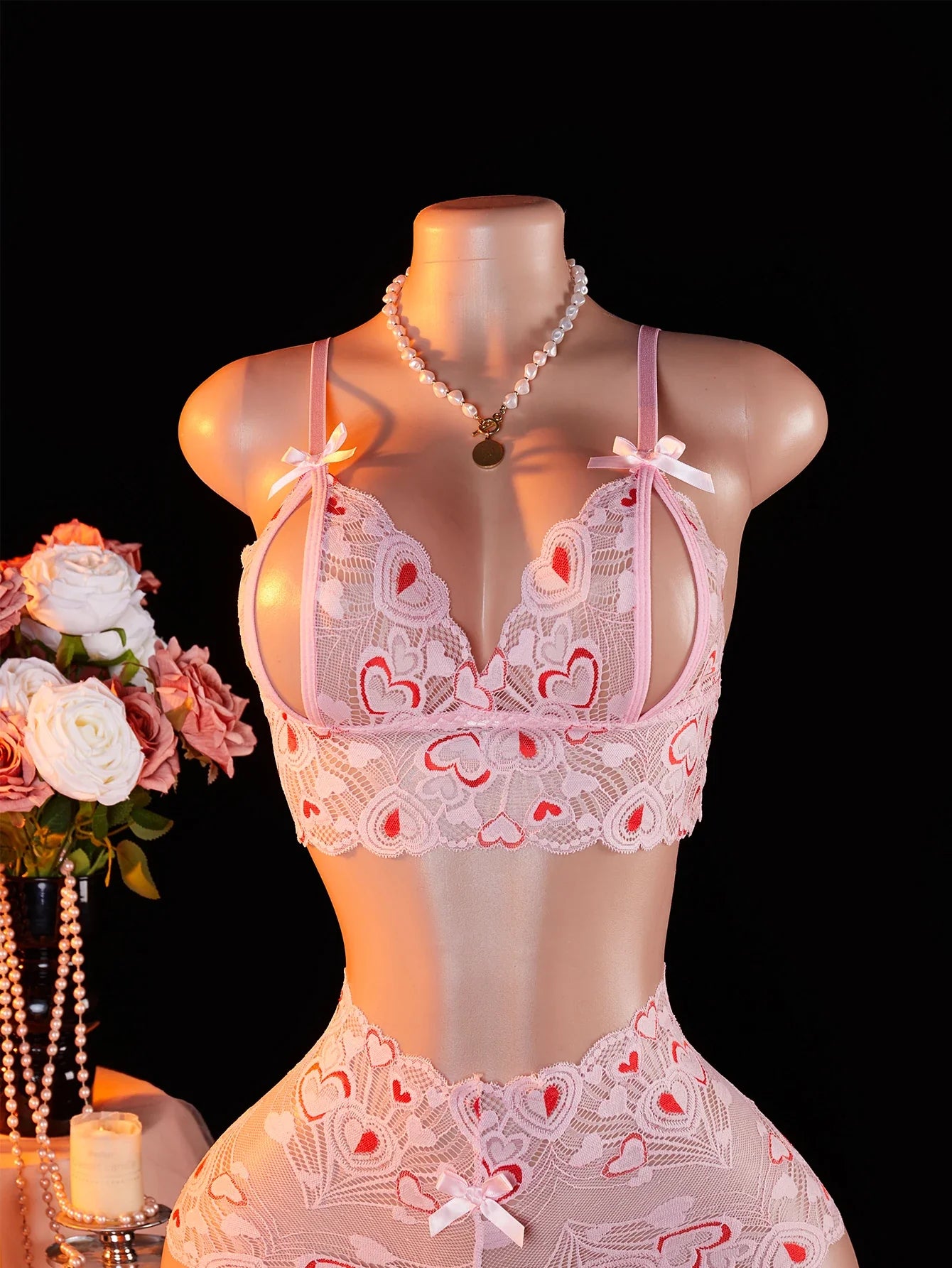 Pink Lingerie Set With Lips & Hearts Print Sheer Mesh Open-Crotch Teddy Bodysuit And G-String Underwear Erotic 2-piece 2025