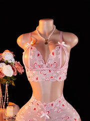 Pink Lingerie Set With Lips & Hearts Print Sheer Mesh Open-Crotch Teddy Bodysuit And G-String Underwear Erotic 2-piece 2025