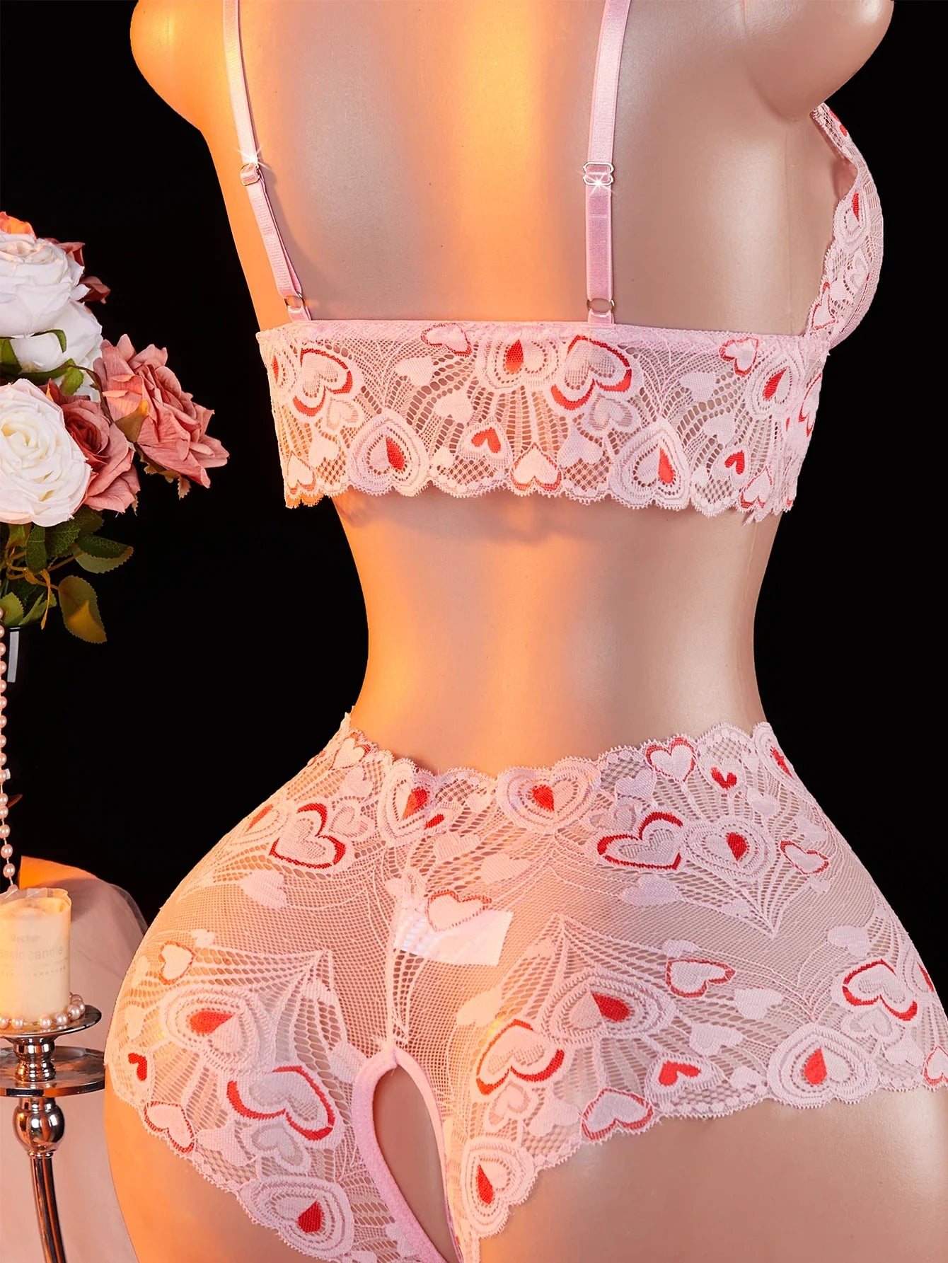 Pink Lingerie Set With Lips & Hearts Print Sheer Mesh Open-Crotch Teddy Bodysuit And G-String Underwear Erotic 2-piece 2025