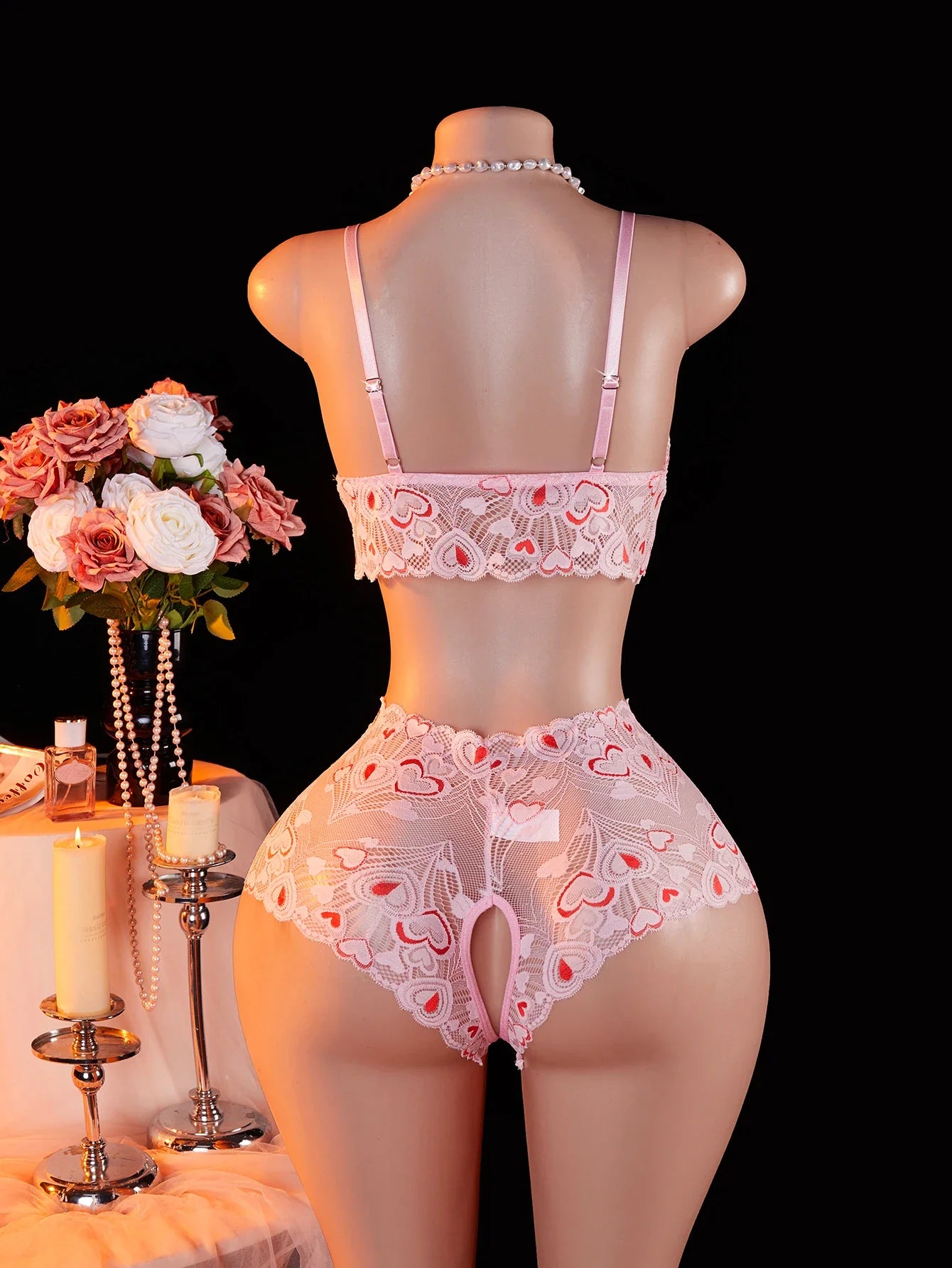 Pink Lingerie Set With Lips & Hearts Print Sheer Mesh Open-Crotch Teddy Bodysuit And G-String Underwear Erotic 2-piece 2025