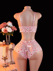 Pink Lingerie Set With Lips & Hearts Print Sheer Mesh Open-Crotch Teddy Bodysuit And G-String Underwear Erotic 2-piece 2025
