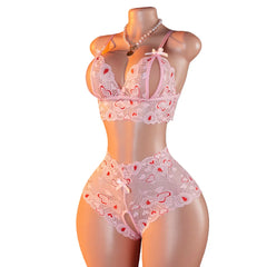 Pink Lingerie Set With Lips & Hearts Print Sheer Mesh Open-Crotch Teddy Bodysuit And G-String Underwear Erotic 2-piece 2025