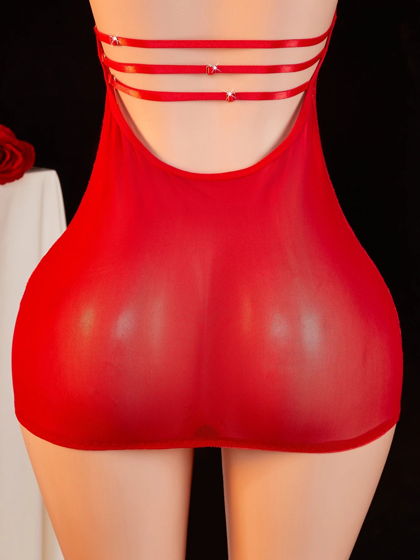 Red Halter Neck Mesh Sheer Lingerie Dress