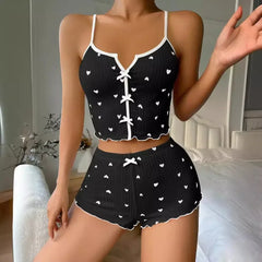 Sleepwear Pajamas Set Heart Print Silk Stain V-Neck Sleeveless Casual Cami Top and Shorts Sets Home Suit Loungewear