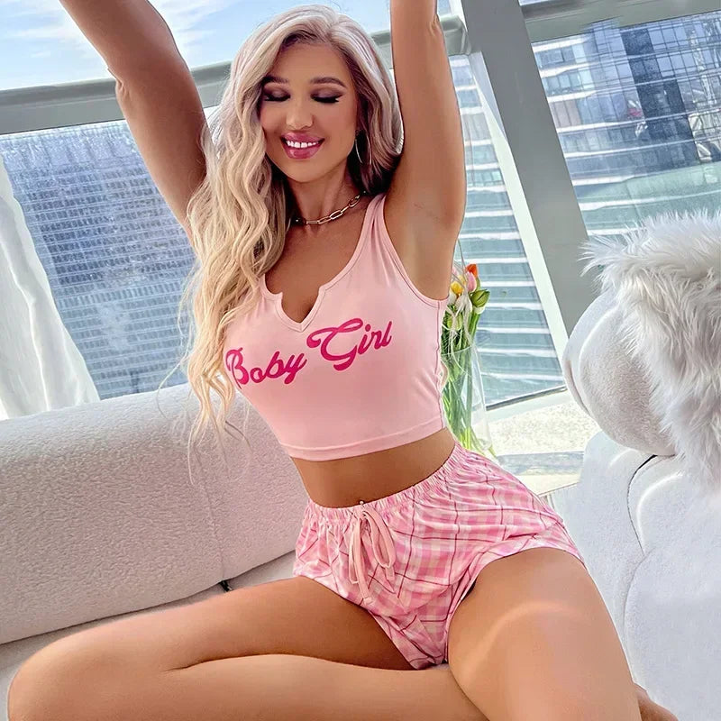 Sleepwear Pyjamas Set Lingerie Pink Casual Printed Camisole with Plaid Shorts Sets Nighty Pajamas Loungewear