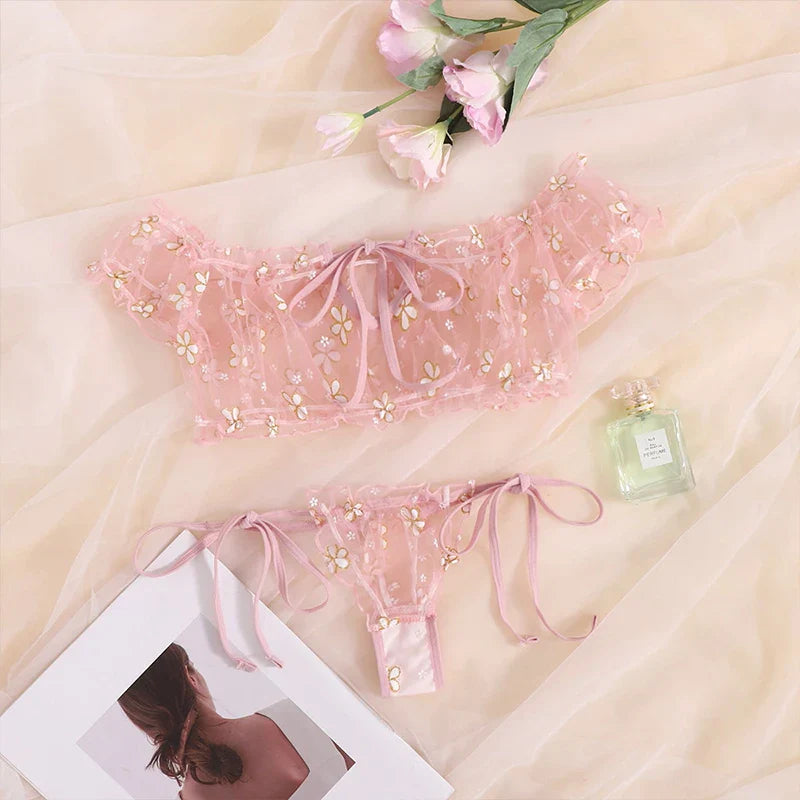 Summer Underwear Seductive Floral Dreamy Lingerie Off-Shoulder Seduce Bralette Tops Panties Transparent Erotic Set