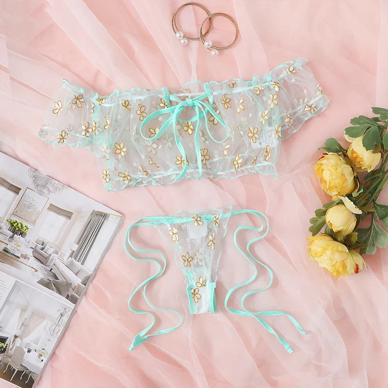 Summer Underwear Seductive Floral Dreamy Lingerie Off-Shoulder Seduce Bralette Tops Panties Transparent Erotic Set