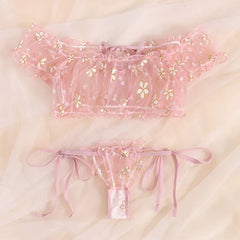 Summer Underwear Seductive Floral Dreamy Lingerie Off-Shoulder Seduce Bralette Tops Panties Transparent Erotic Set