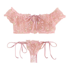 Summer Underwear Seductive Floral Dreamy Lingerie Off-Shoulder Seduce Bralette Tops Panties Transparent Erotic Set