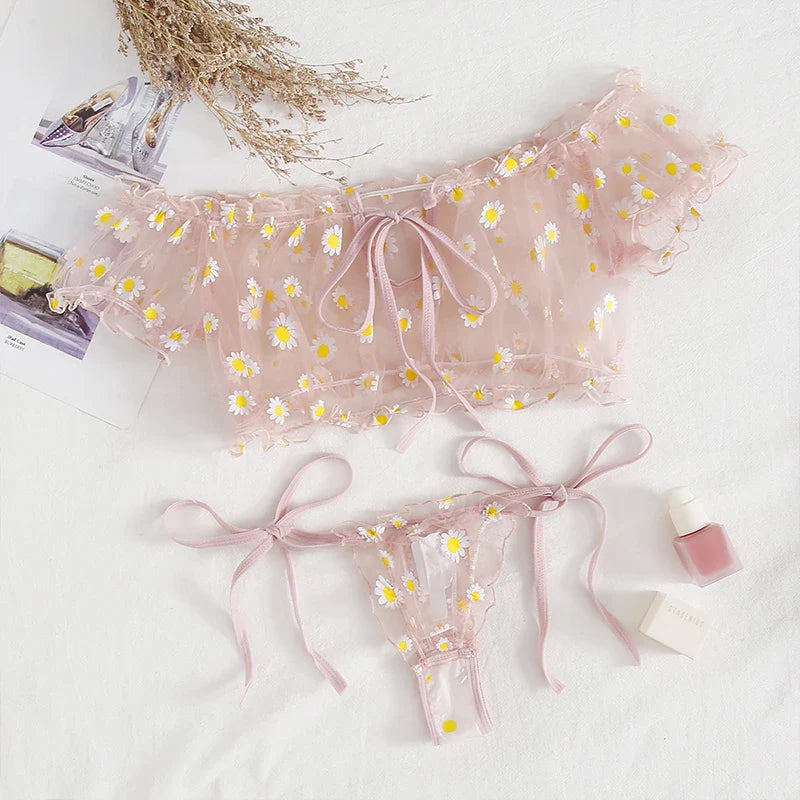 Summer Underwear Seductive Floral Dreamy Lingerie Off-Shoulder Seduce Bralette Tops Panties Transparent Erotic Set