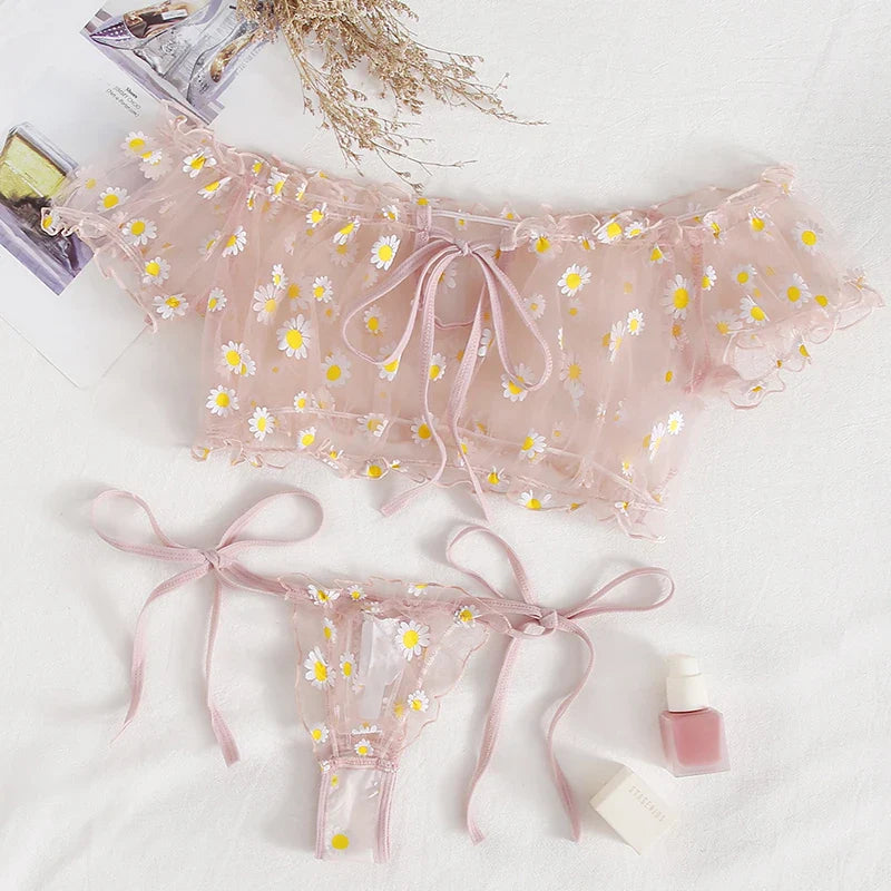 Summer Underwear Seductive Floral Dreamy Lingerie Off-Shoulder Seduce Bralette Tops Panties Transparent Erotic Set