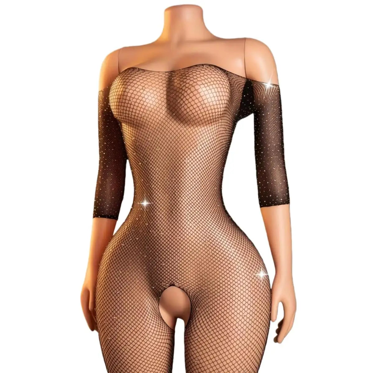 Tight Fitting Fishing Net Rhinestone Jumpsuit Crotchless Exotic Outfits Erotic Transparent Underwear Lingerie