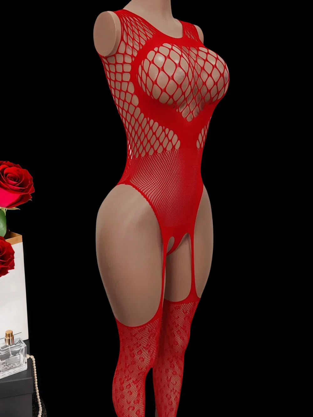 lingerie red teddy mesh hollow bodystockings underwear Elastic tight fitting intimate sleepwear bodysuit