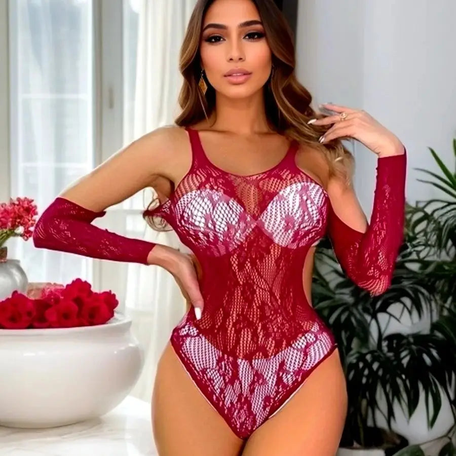 lingerie black bodysuit and gloves sets underwear red mesh hollow costumes nightgown sleepwear