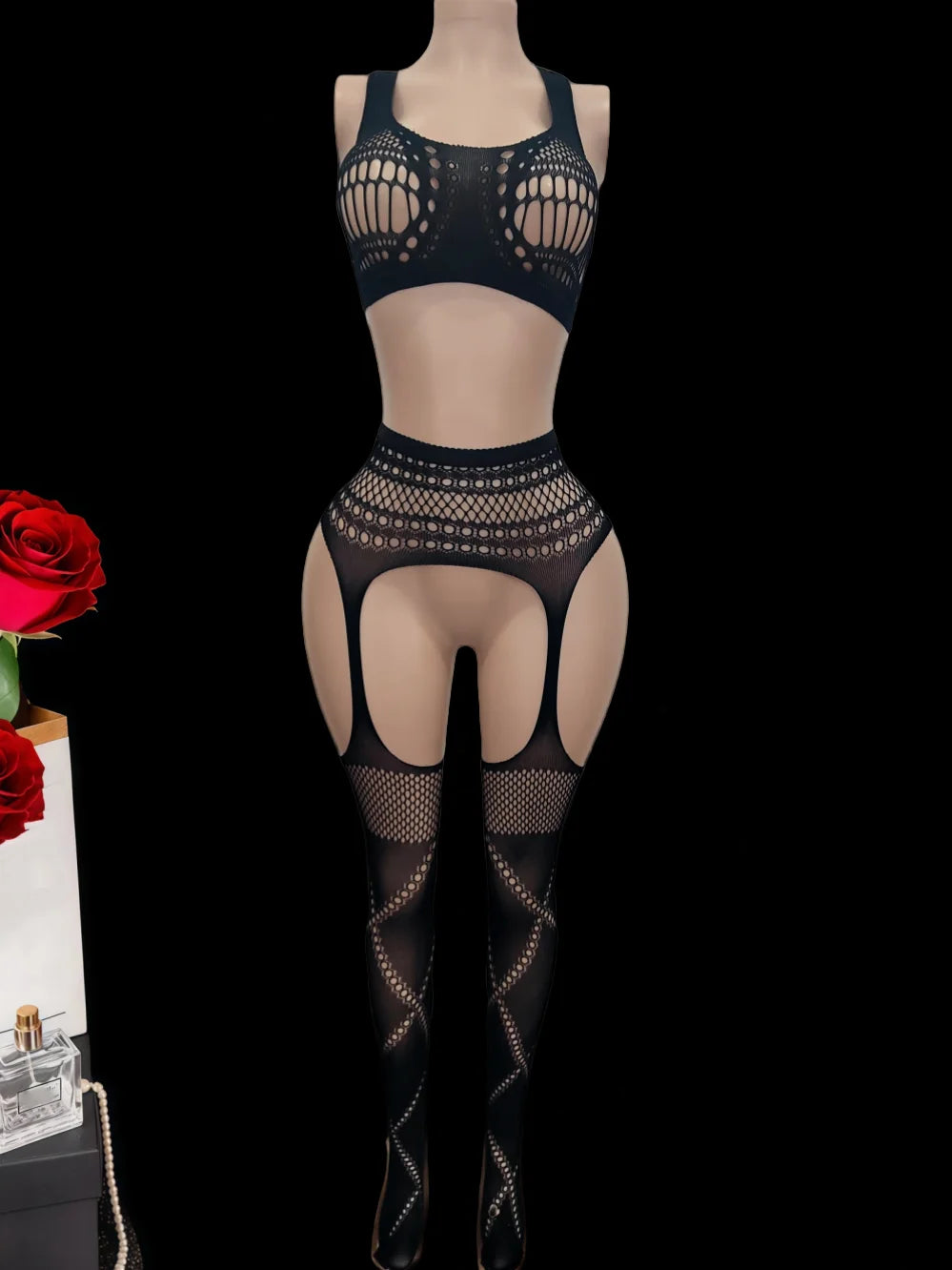 lingerie black bra and pantyhose sets hollow erotic underwear costumes open crotch tights nightgown