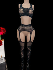 lingerie black bra and pantyhose sets hollow erotic underwear costumes open crotch tights nightgown