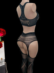 lingerie black bra and pantyhose sets hollow erotic underwear costumes open crotch tights nightgown
