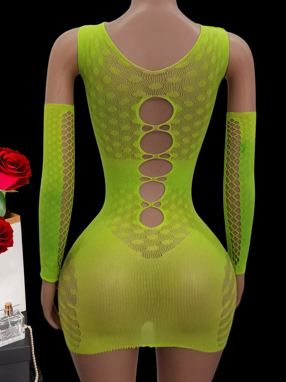 lingerie erotic dresses and gloves sets green mesh hollow underwear nightgown sleepwear costumes