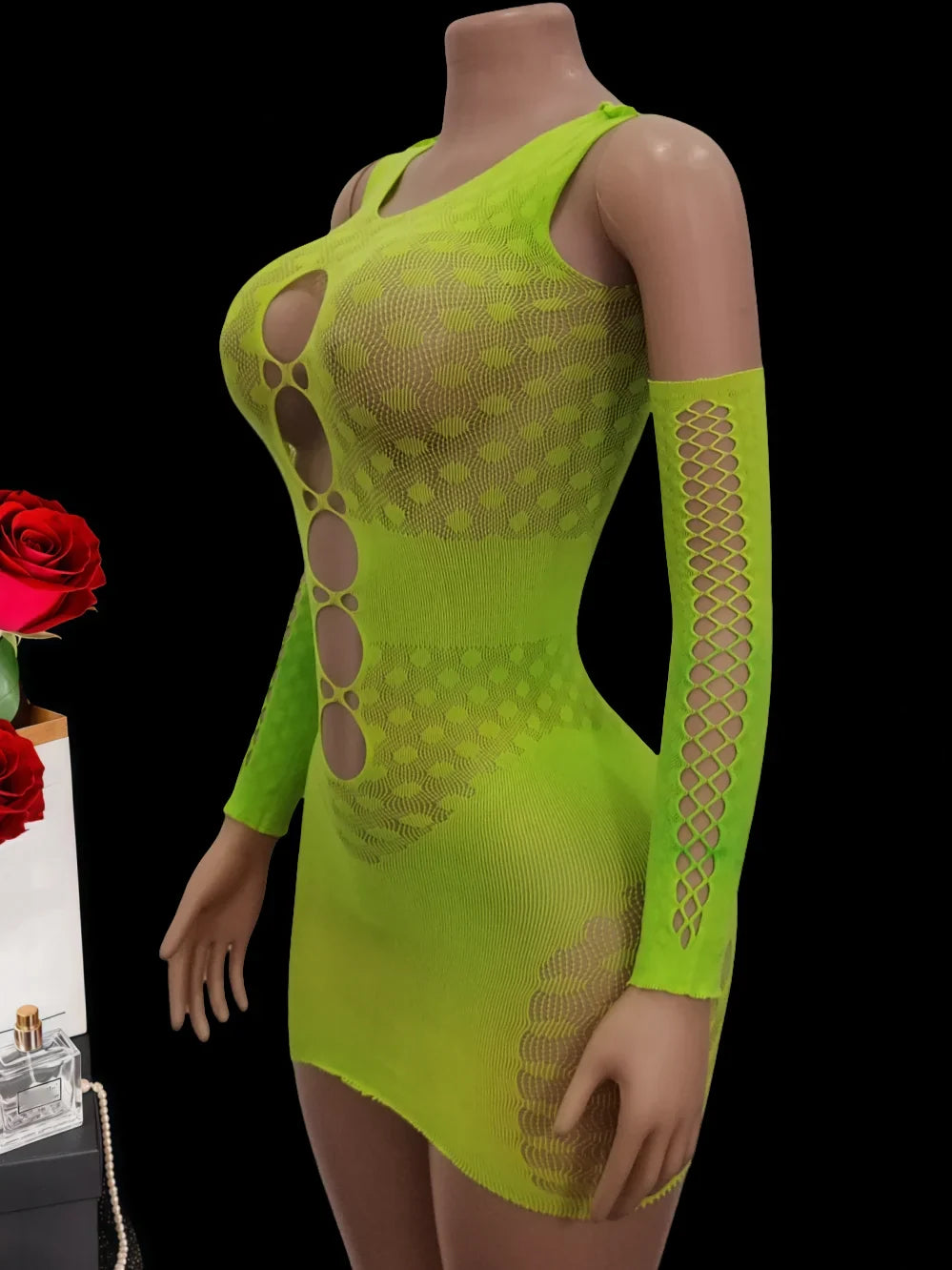 lingerie erotic dresses and gloves sets green mesh hollow underwear nightgown sleepwear costumes