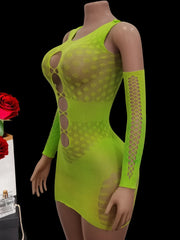 lingerie erotic dresses and gloves sets green mesh hollow underwear nightgown sleepwear costumes