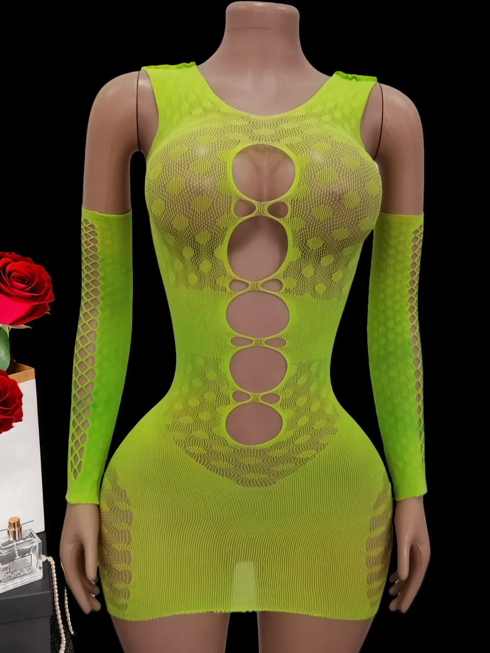 lingerie erotic dresses and gloves sets green mesh hollow underwear nightgown sleepwear costumes