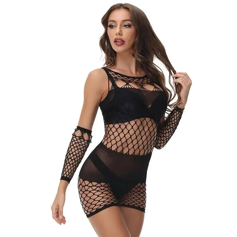 lingerie erotic dresses and gloves sets underwear black mesh hollow sleepwear nightgown hot