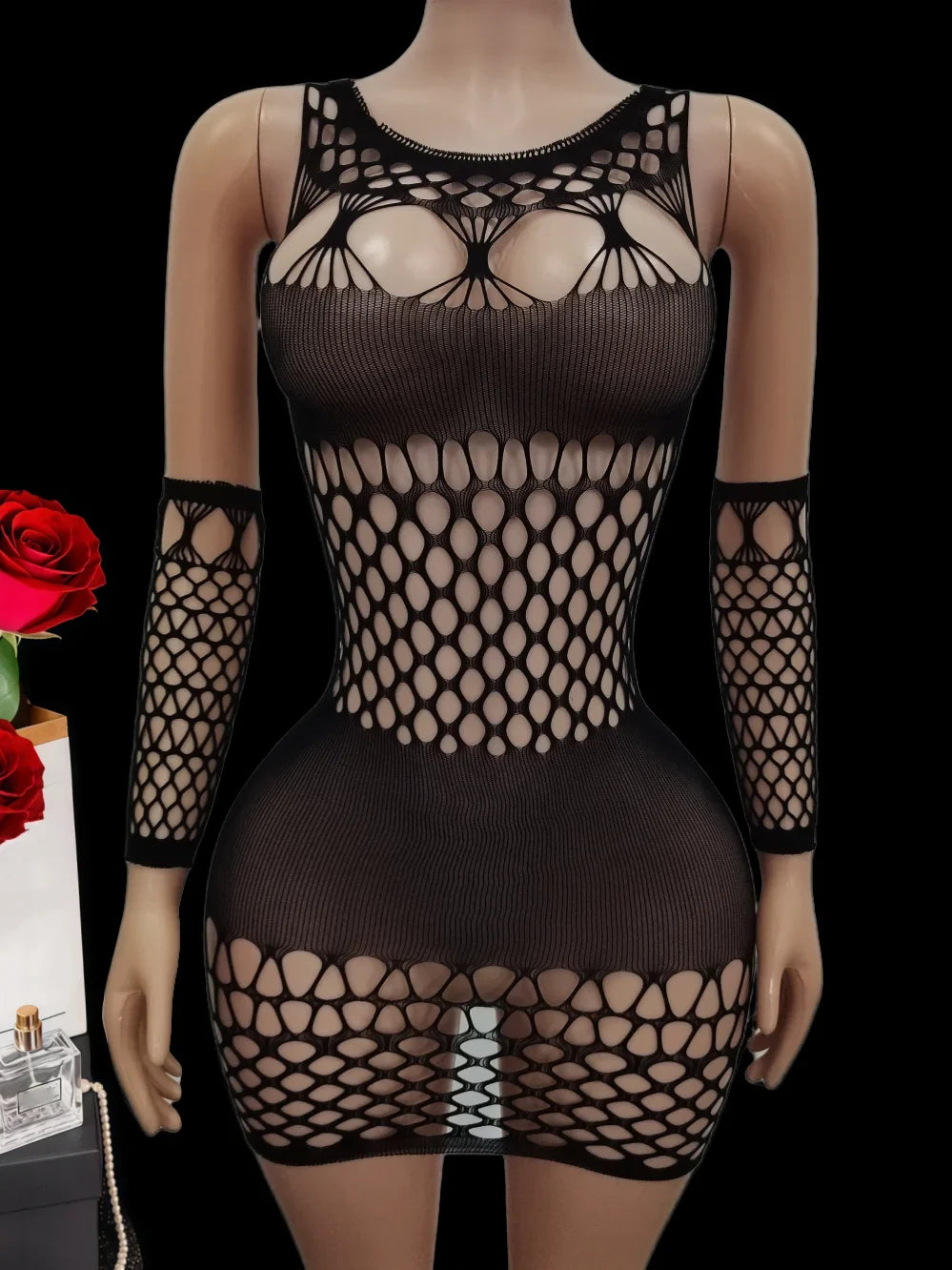 lingerie erotic dresses and gloves sets underwear black mesh hollow sleepwear nightgown hot