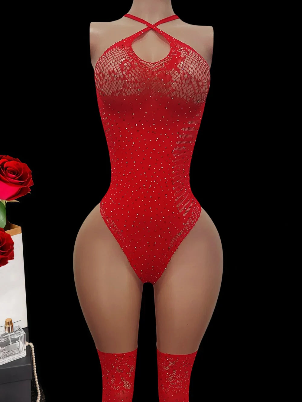 lingerie red Elastic tight fitting rhinestone teddy and stockings underwear sets intimate nightgown