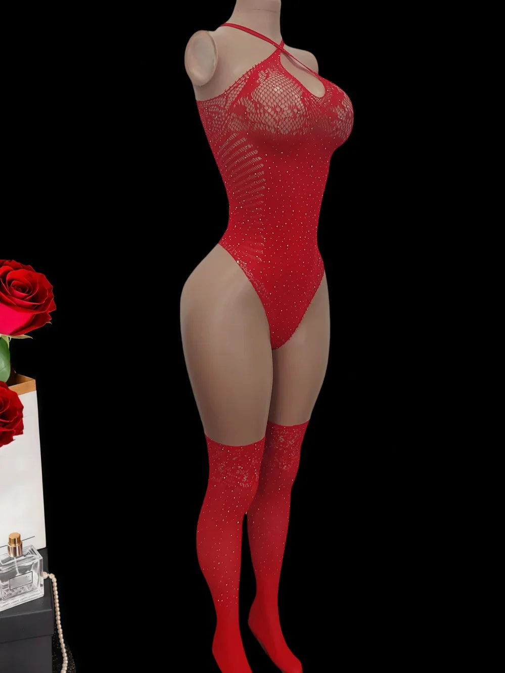 lingerie red Elastic tight fitting rhinestone teddy and stockings underwear sets intimate nightgown