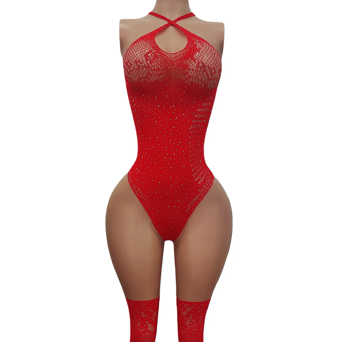 lingerie red Elastic tight fitting rhinestone teddy and stockings underwear sets intimate nightgown