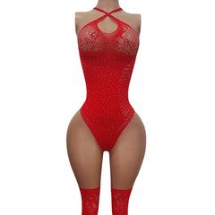 lingerie red Elastic tight fitting rhinestone teddy and stockings underwear sets intimate nightgown