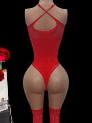 lingerie red Elastic tight fitting rhinestone teddy and stockings underwear sets intimate nightgown