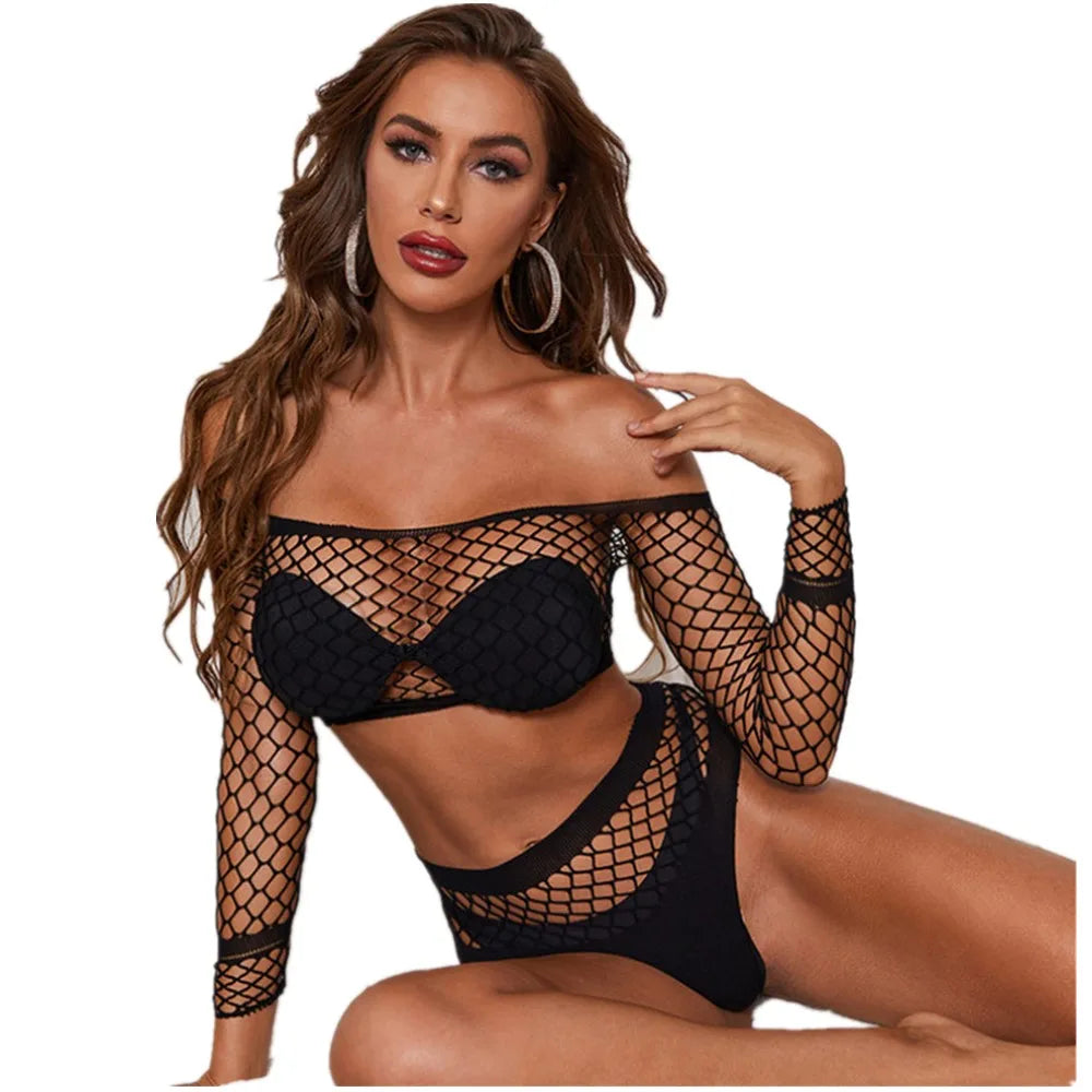 lingerie top and briefs sets underwear mesh hollow erotic costumes nightgown sleepwear