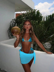 swimsuit bikini three-piece swimsuit with cut-out blue fabric mesh skirt