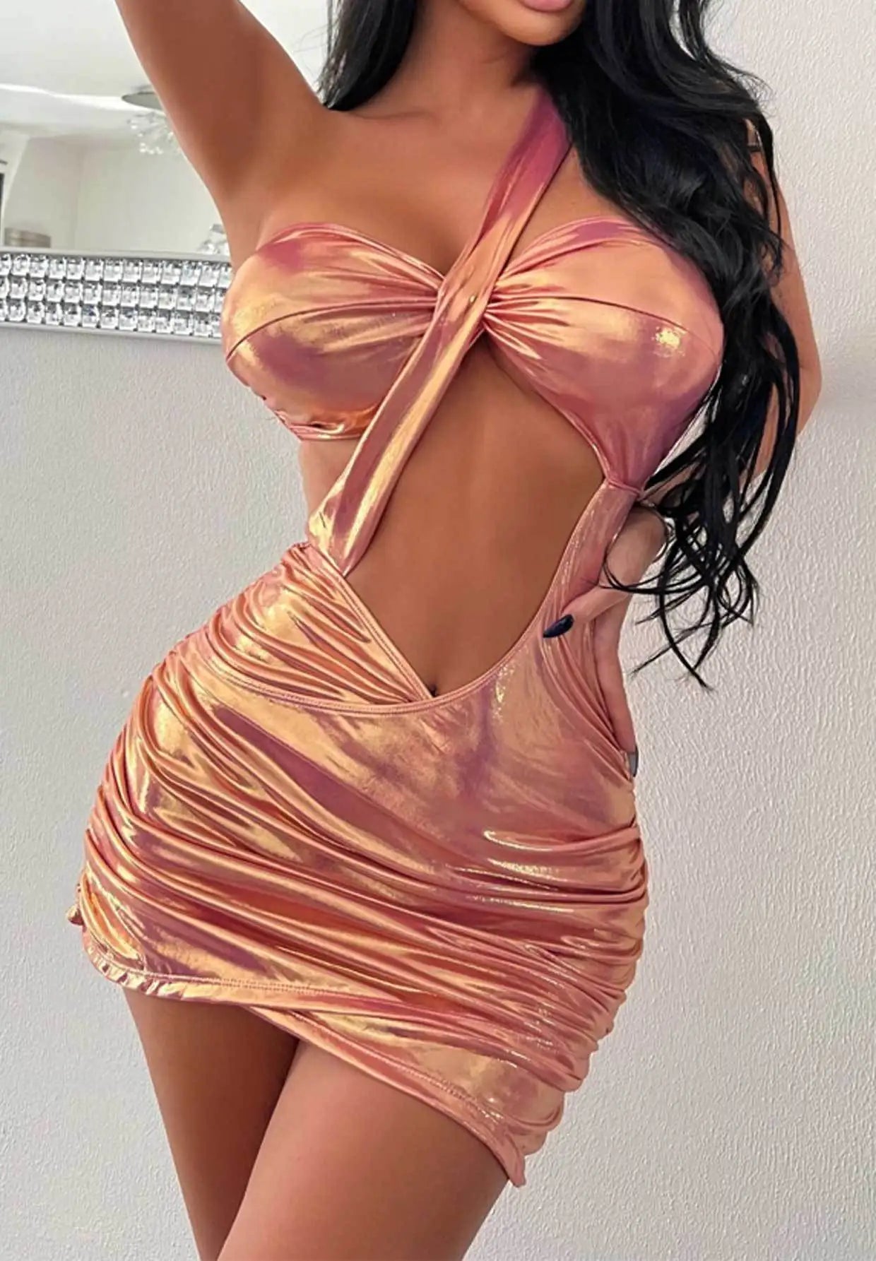wind fashion dress bare backpack hip slim nightclub essential hanging neck dress pleated bag hip skirt