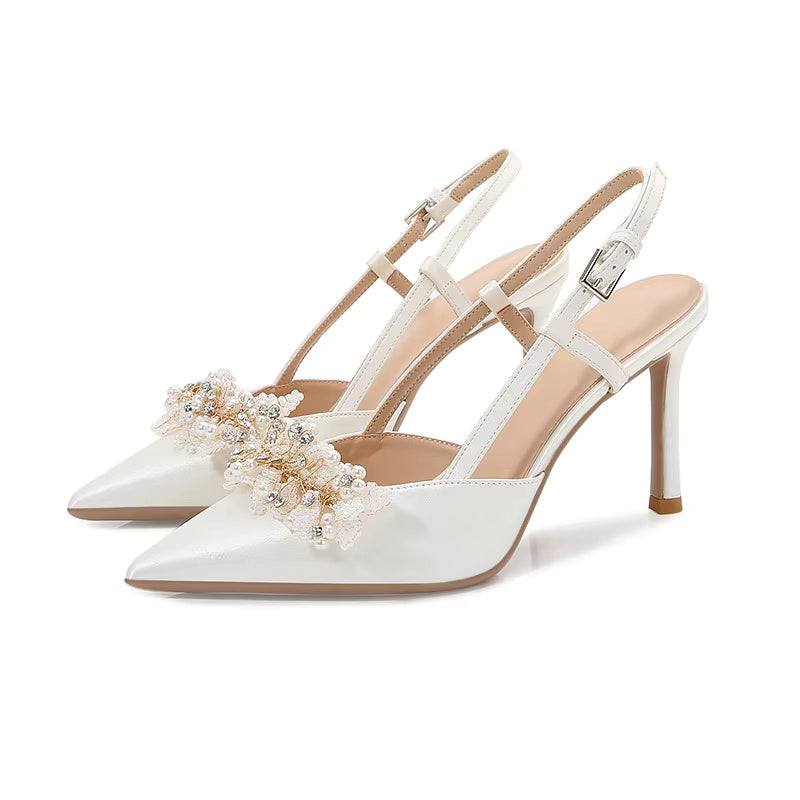 White Pearl Fashion Luxury Satin Bridal High Heels Pumps