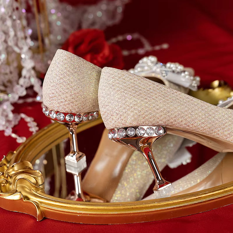 Rhinestone Fashion High Heels Metal Buckle  Bridel Shoe High Heel
