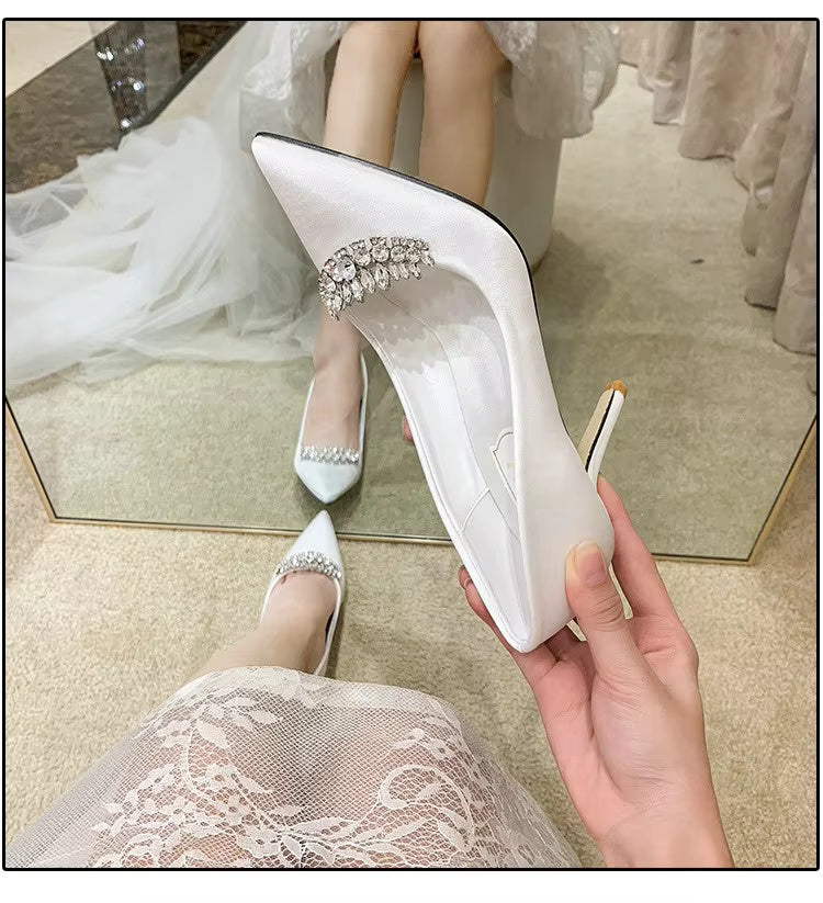 Thin Heel Pointed Toe Fashion Rhinestone Princess Pumps Satin Bridal Shoes