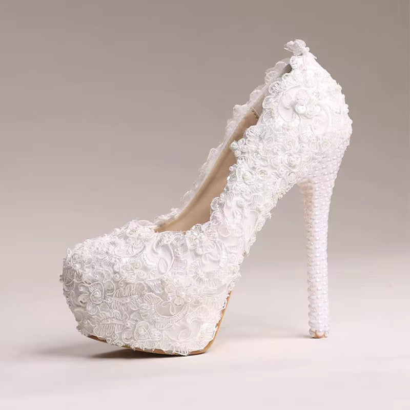 Luxury White Lace Pearl Pattern Pointed Toe Bridal Platform Stiletto High Heel Shoes