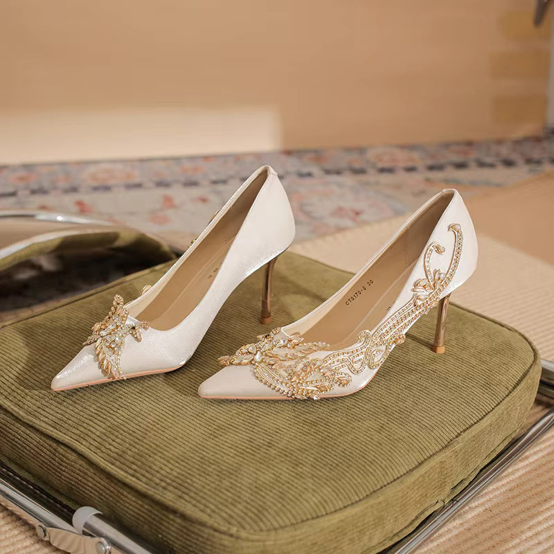 Pearl Bowknot Pattern Pointed Pearl Satin High Heel Sandals