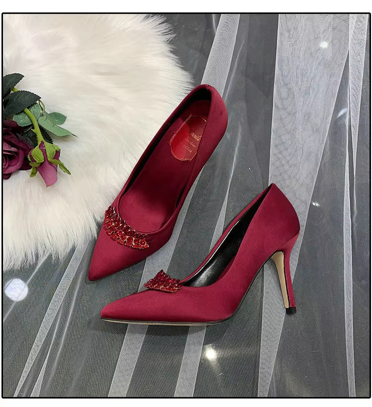 Thin Heel Pointed Toe Fashion Rhinestone Princess Pumps Satin Bridal Shoes